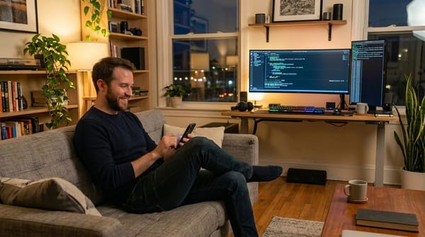 Cozy home office with man on couch using smartphone, dual monitors displaying code.