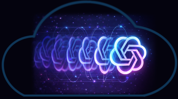 Repeated neon OpenAI logos on a dark, starry backdrop, enclosed by a light-blue cloud frame.