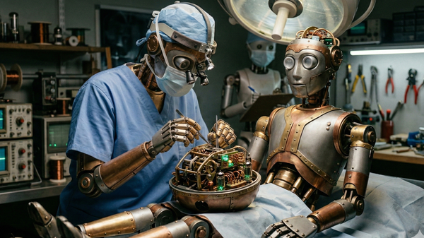 Robotic doctor performing surgery on another robot.