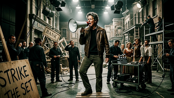 Film director with megaphone on busy movie set surrounded by crew, bank facade, lighting, and equipment.