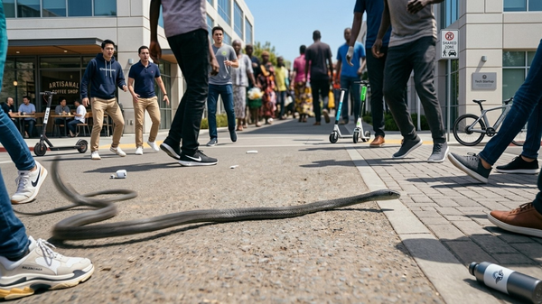 A snake crosses a busy tech startup walkway; people with scooters react in surprise.