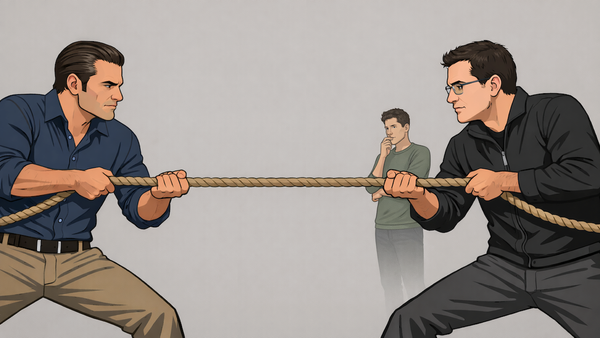 Two men engage in a tense tug-of-war, watched by a thoughtful observer in the background.