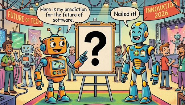 Two cheerful robots discuss software predictions beside a large question mark at a tech expo.