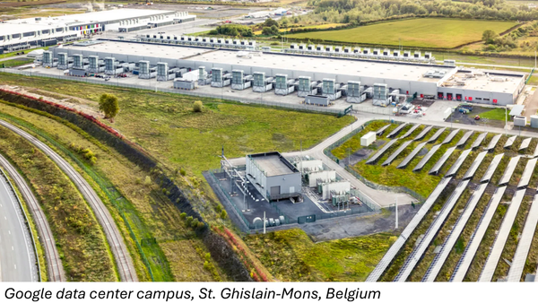 Aerial view of a large data center in Belgium, surrounded by fields and solar panels, highlighting AI growth.
