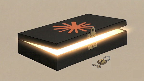 A black box with a red symbol is open, revealing a glowing interior, symbolizing a security breach.