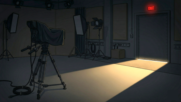 A dimly lit studio with an idle camera and an illuminated exit door signaling OpenAI's retreat from video.