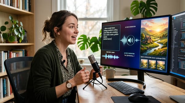 Woman using AI software on dual monitors, generating voice and landscape imagery in tech-filled home office.