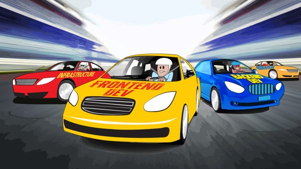 The illustration shows a racing dynamic with labeled cars, highlighting various software development stages.