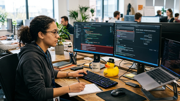 Security engineer with a rubber duck on her desk.