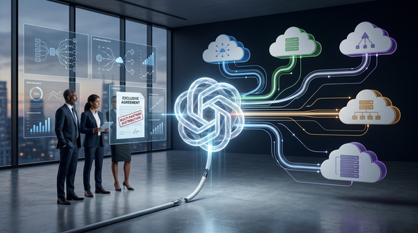 Executives review multi-partner contract on cloud data integration, discussing network strategies and distribution.