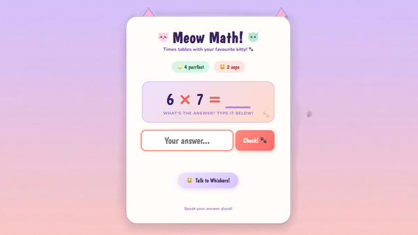 Meow Math app shows a multiplication problem. Features include answer input, check button, and voice interaction.