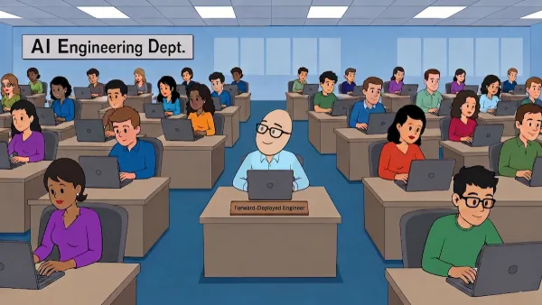 AI Engineering Department with diverse employees working on laptops in an office setting, labeled Forward-Deployed Engineer.