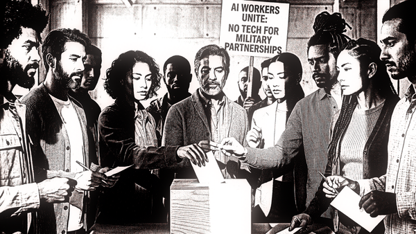 Diverse group of workers casting votes in a ballot box, protesting AI use in military tech partnerships.