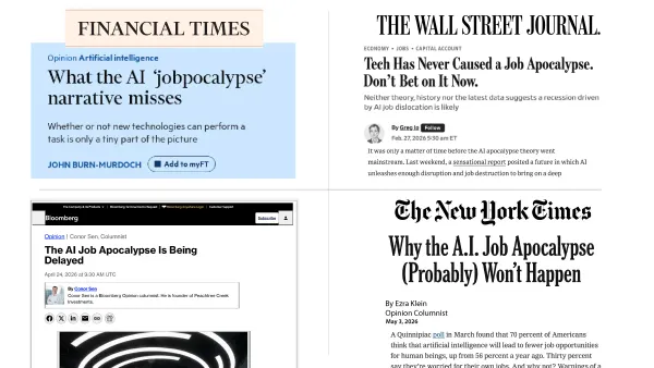 Headlines from major newspapers analyze "AI job apocalypse" predictions, sharing insights on job market stability.
