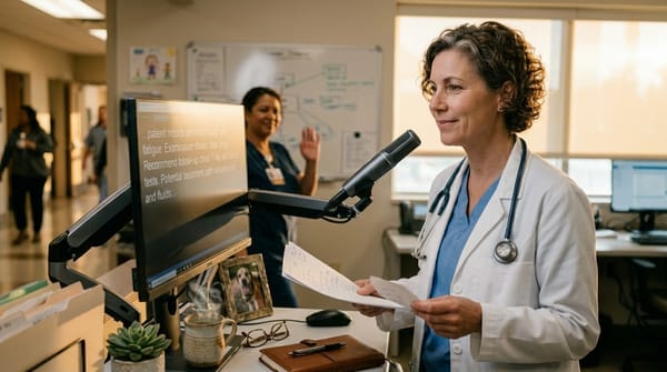 Doctor in white coat reads patient notes while speaking into a microphone in a medical office.