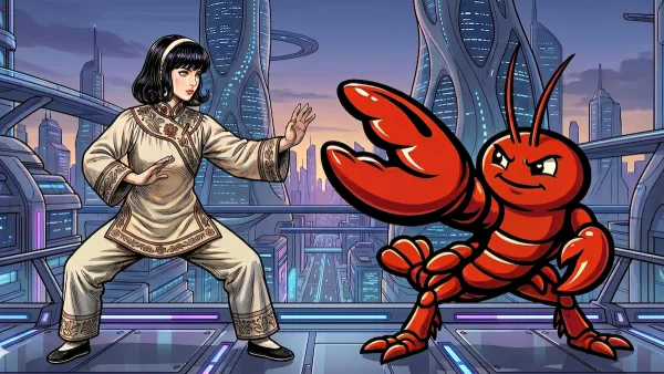 A woman in martial arts attire faces off against a cartoon lobster in a futuristic cityscape.