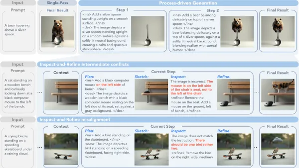 Diagram showing step-by-step image creation process, featuring bears, cats, and birds as examples.