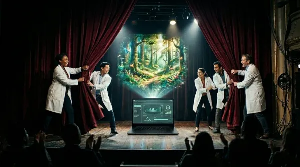 Science team presents a virtual nature scene on theatre stage, emphasizing tech innovation and data analytics.