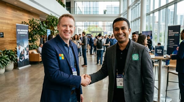 Business professionals shake hands at a tech innovation event, surrounded by participants networking and banners.