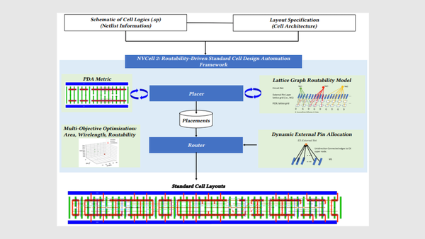 Infographic showing Nvidia's chip design flow, highlighting placer, router, and optimization stages.