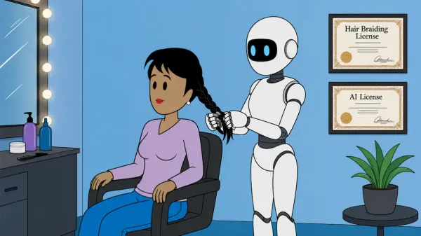 In a modern salon, AI-powered robot stylist braids woman's hair, emphasizing technology in personal care.