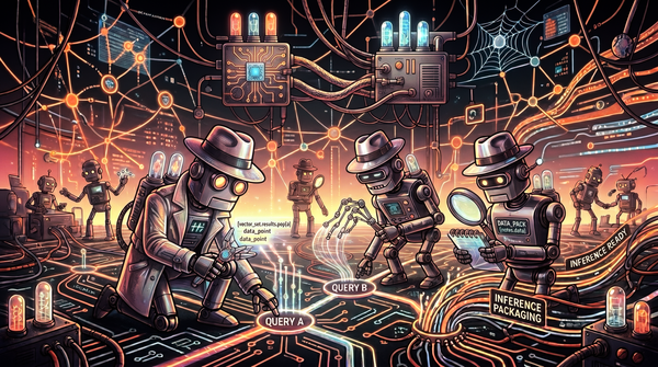 Robots inspect network data with magnifying glasses, showcasing AI's role in data analysis and query processing.