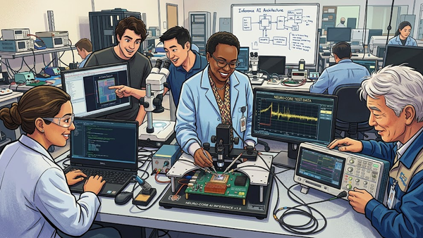 Scientists in a lab use AI software and neuro-core test data on computers, analyzing chip technology developments.