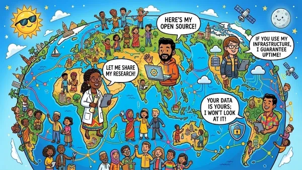 Cartoon map illustrating global collaboration in research, open source technology, infrastructure, secure data sharing.