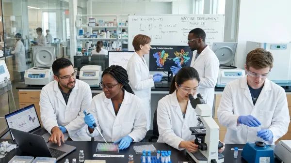 Scientists collaborate in a lab, using pipettes and computers for vaccine development research, wearing lab coats.