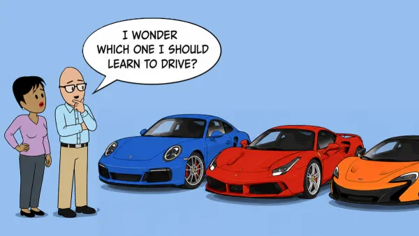 Cartoon features a man and woman contemplating three luxury sports cars: blue, red, and orange on a blue background.