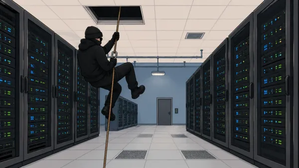 A man lowers himself on a rope into a data center
