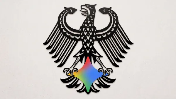 A German eagle emblem with sharp lines is overlaid on a colorful Google logo, symbolizing the legal case.