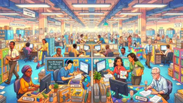 Busy office scene with diverse employees processing forms, using computers, and discussing documents in a large workspace.