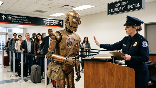 A perplexing airport customs scene where a robot is inspected by an officer, highlighting border security technology.