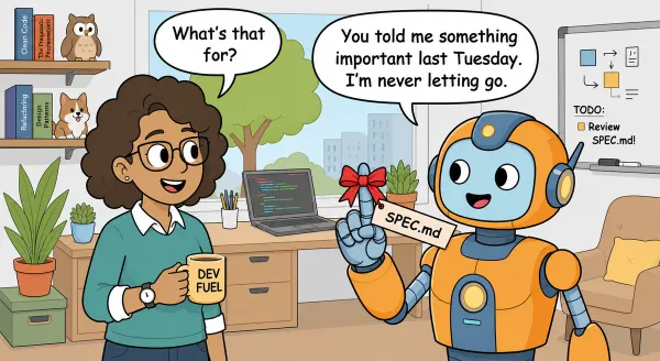 A robot wears a bow around its finger with SPEC.md attached to it. The developer asks "What's that for?"; The robot says "You told me something important last Tuesday. I'm never letting go."