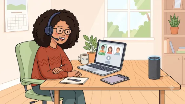 Woman with headset on video call using laptop. Desk has notepad, mug, and smart speaker in cozy home office.