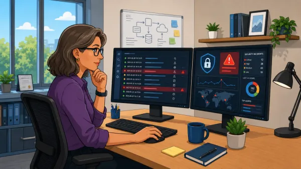 Professional reviews security incident alerts and analytics on screens, focusing on potential threats and data security.