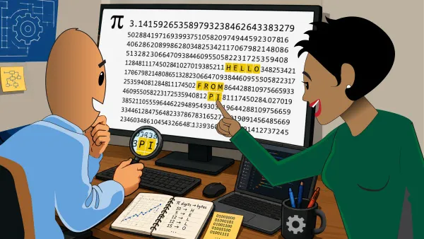 Two people analyze a computer screen displaying pi digits with "HELLO FROM PI" highlighted.