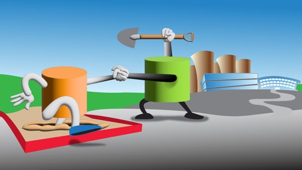Cartoon sand pails with arms; one orange trapped, one green wielding shovel; helping each other escape the sandbox; industrial backdrop.
