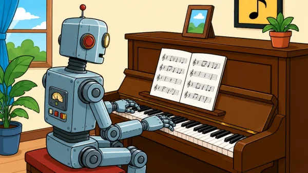 A robot enthusiastically performs piano music, combining technology and creativity in a warm, indoor environment.