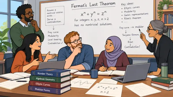 Group brainstorming on Fermat's Last Theorem strategies, referencing elliptic curves, modularity, Frey curves at a table.es in a study room.