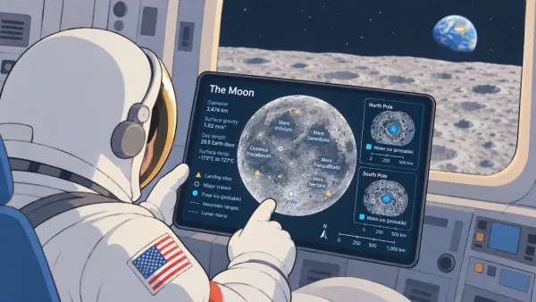 Astronaut views Moon data on screen, highlighting craters and ice. Earth visible in space. Moon surface analyzed.