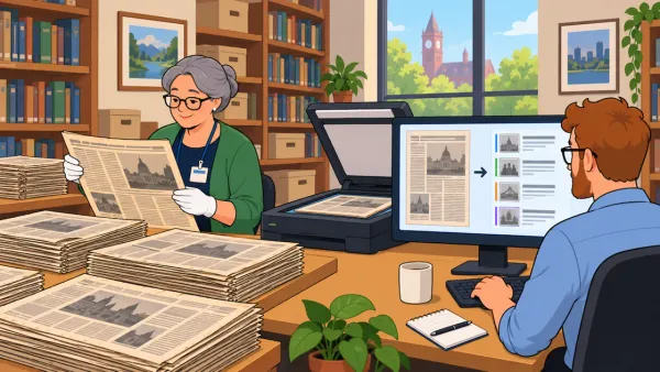 Archivist scanning newspapers, digital conversion process on a computer in a library setting, historical preservation.