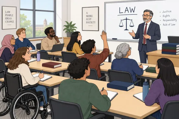 Students actively participate in law lesson, raising hands and discussing justice, responsibility, rule of law.