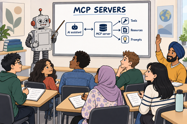 A robot presents AI server concepts to diverse students in a classroom, focusing on tools, resources, and prompts.