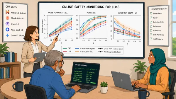 A woman presents LLM safety charts to two colleagues, illustrating CRC Monitor's effectiveness visually.