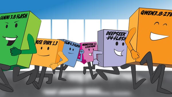 Humorous AI software race with animated boxes sprinting, highlighting latest advancements in AI tools.