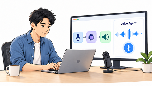 Man at laptop using voice technology interface with icons showing microphone, chip, and sound wave.