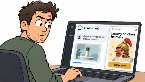 Man looking at laptop screen with AI assistant task and humorous chicken helmets ad. Keywords: AI task, chicken helmets ad.