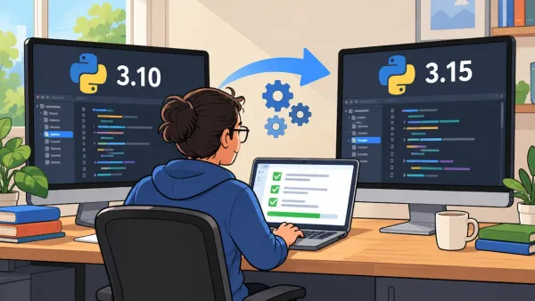 Developer updating Python version on dual screens with laptop; code migration from Python 3.10 to Python 3.15.